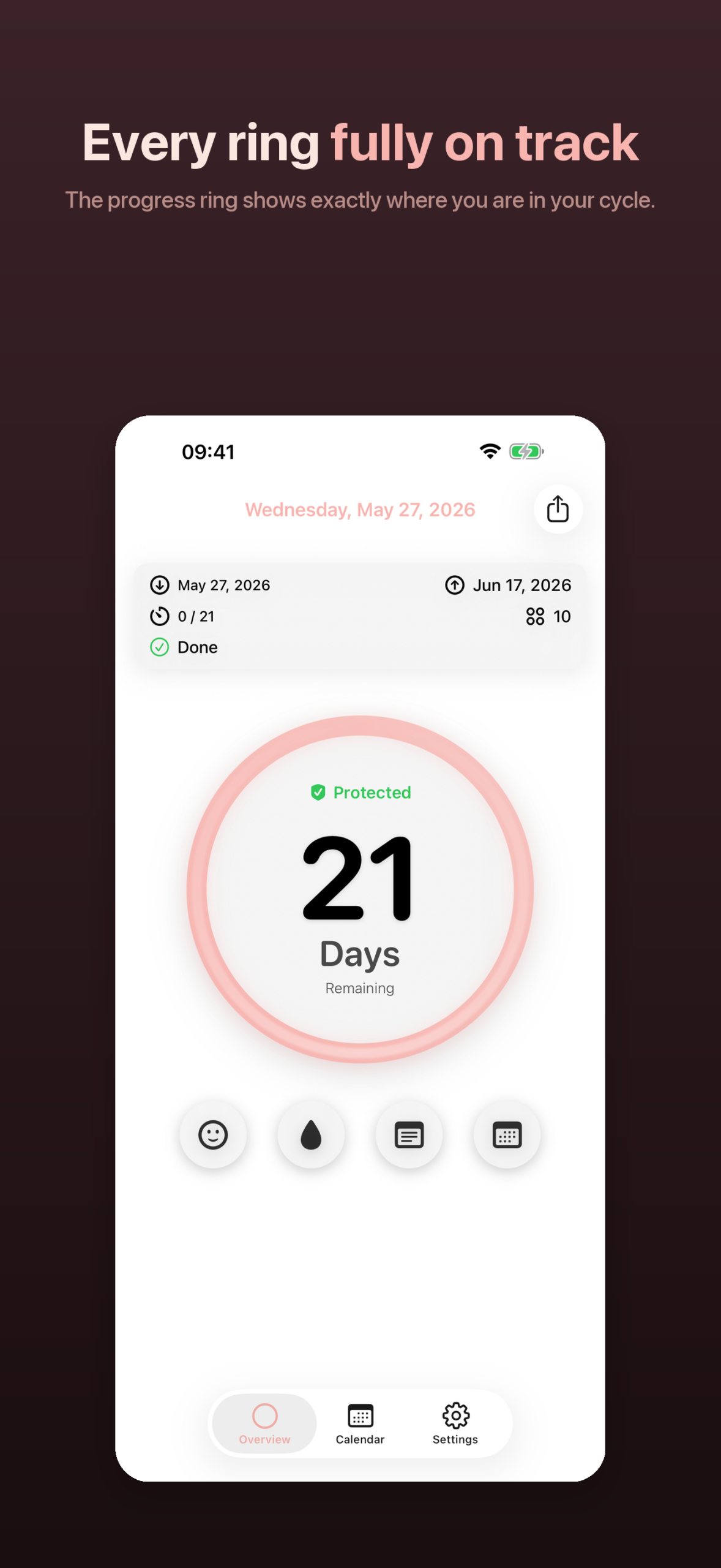 MyRing home screen showing the progress ring with 21 days remaining and the protection status.