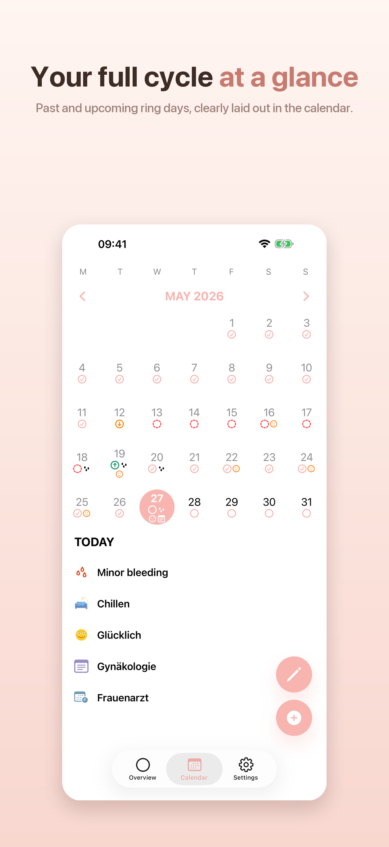 Calendar showing cycles, diary entries and appointments on each day.
