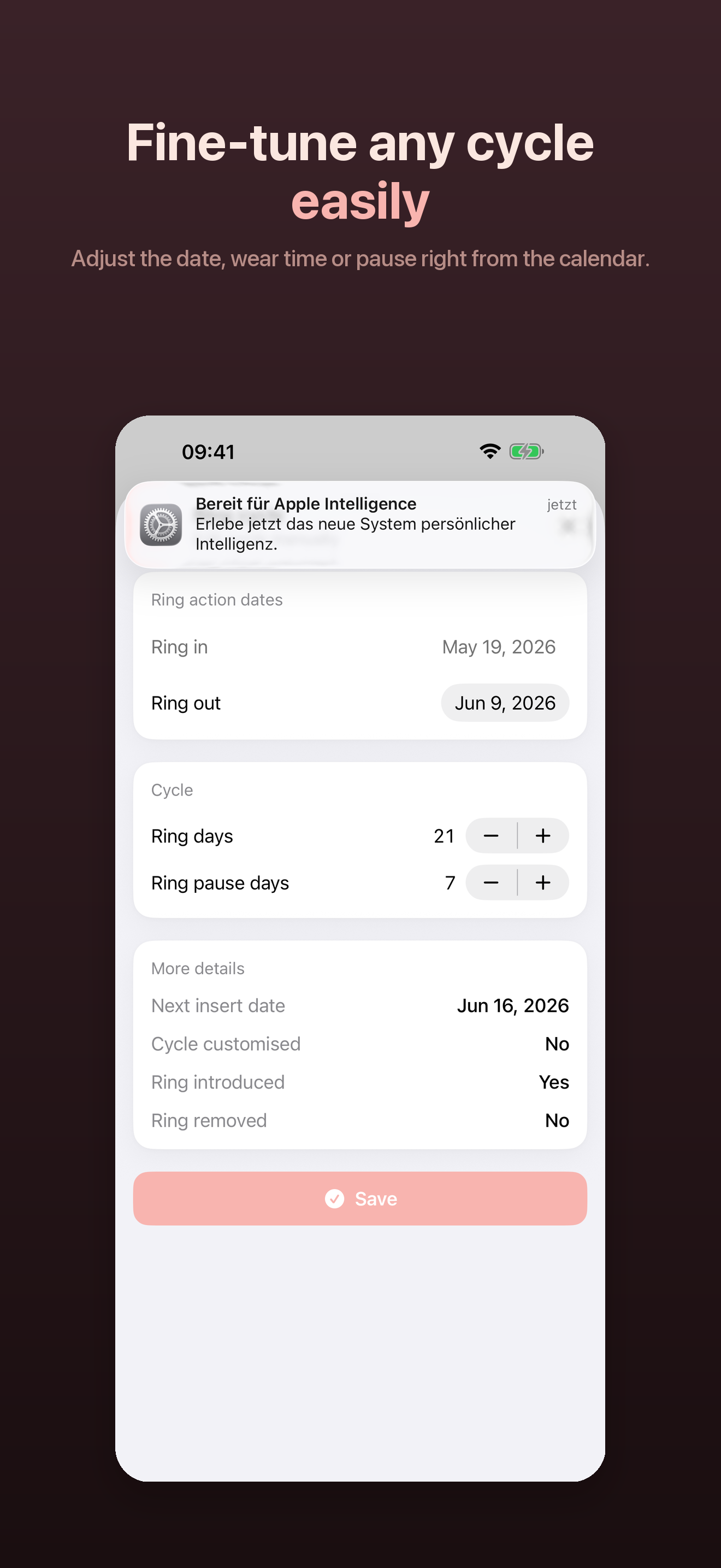 Cycle editor sheet open in the calendar.