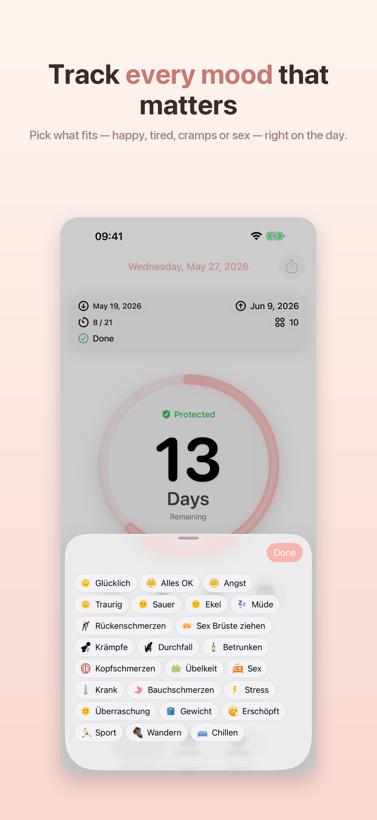 Mood picker with 24 mood and symptom tags.