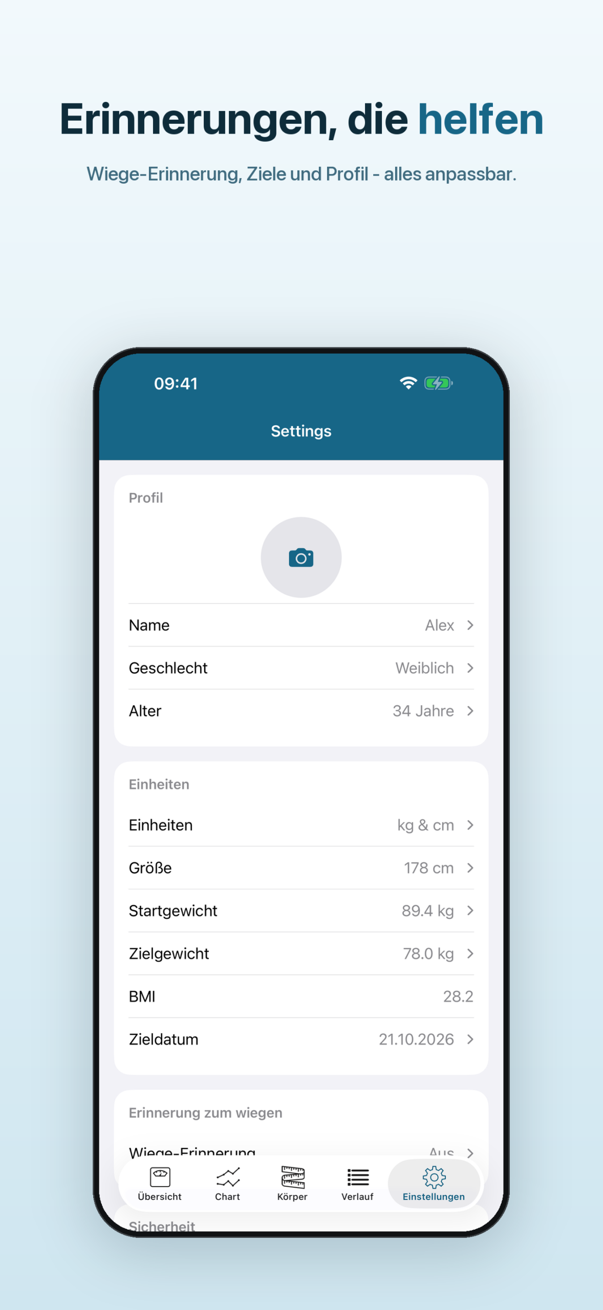 iPhone – Einstellungen mit Wiege-Erinnerung, Zielen und Profil