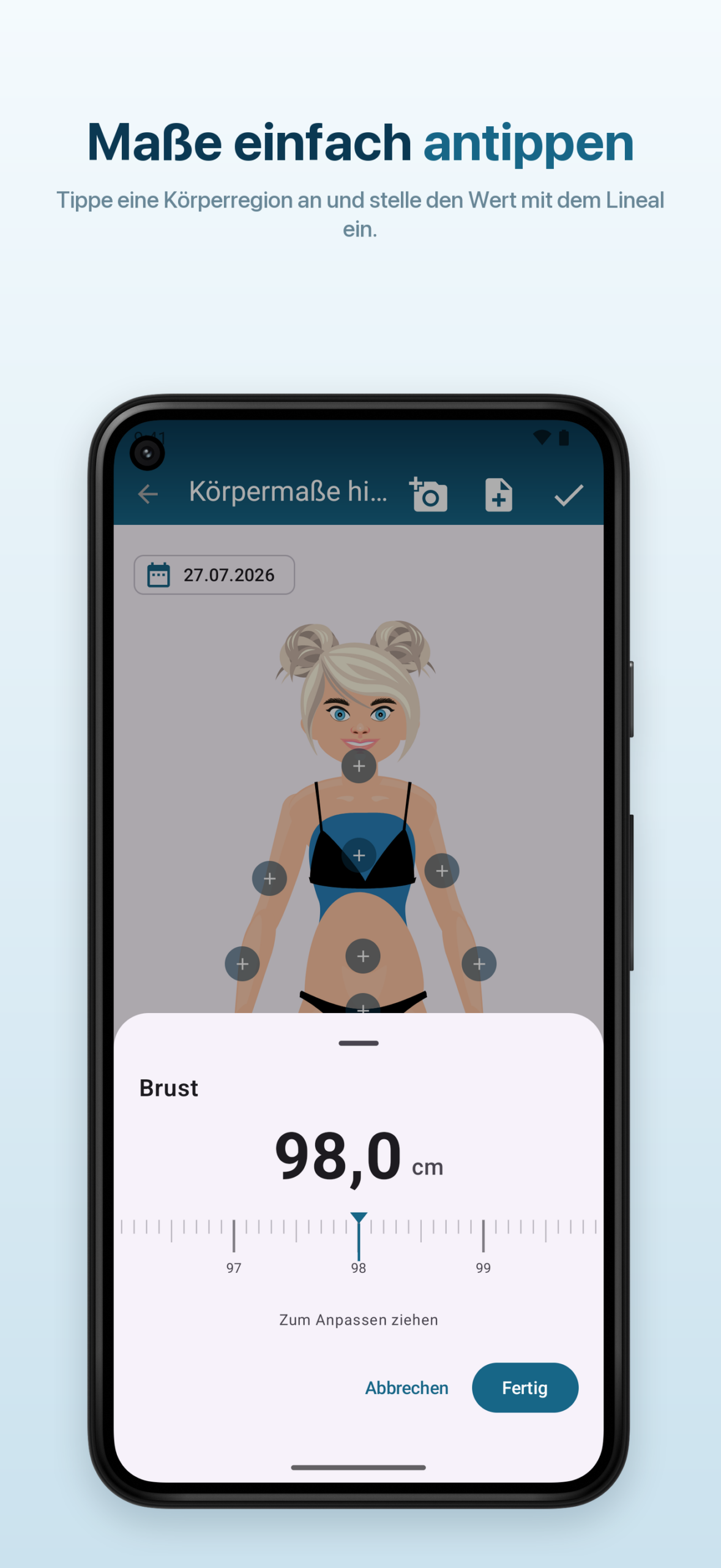 Android – Körperregion antippen und den Messwert eintragen