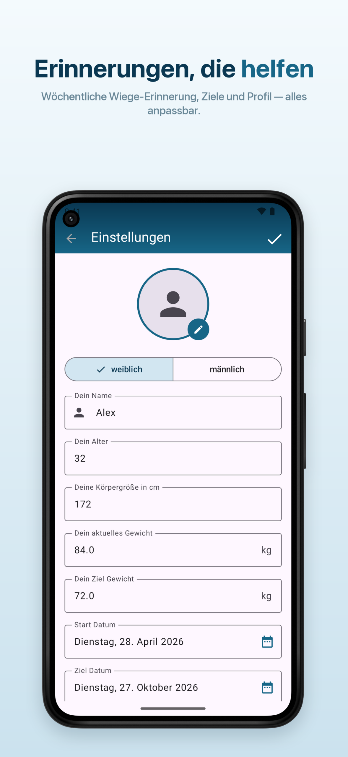 Android – Einstellungen mit Wiege-Erinnerung, Zielen und Profil