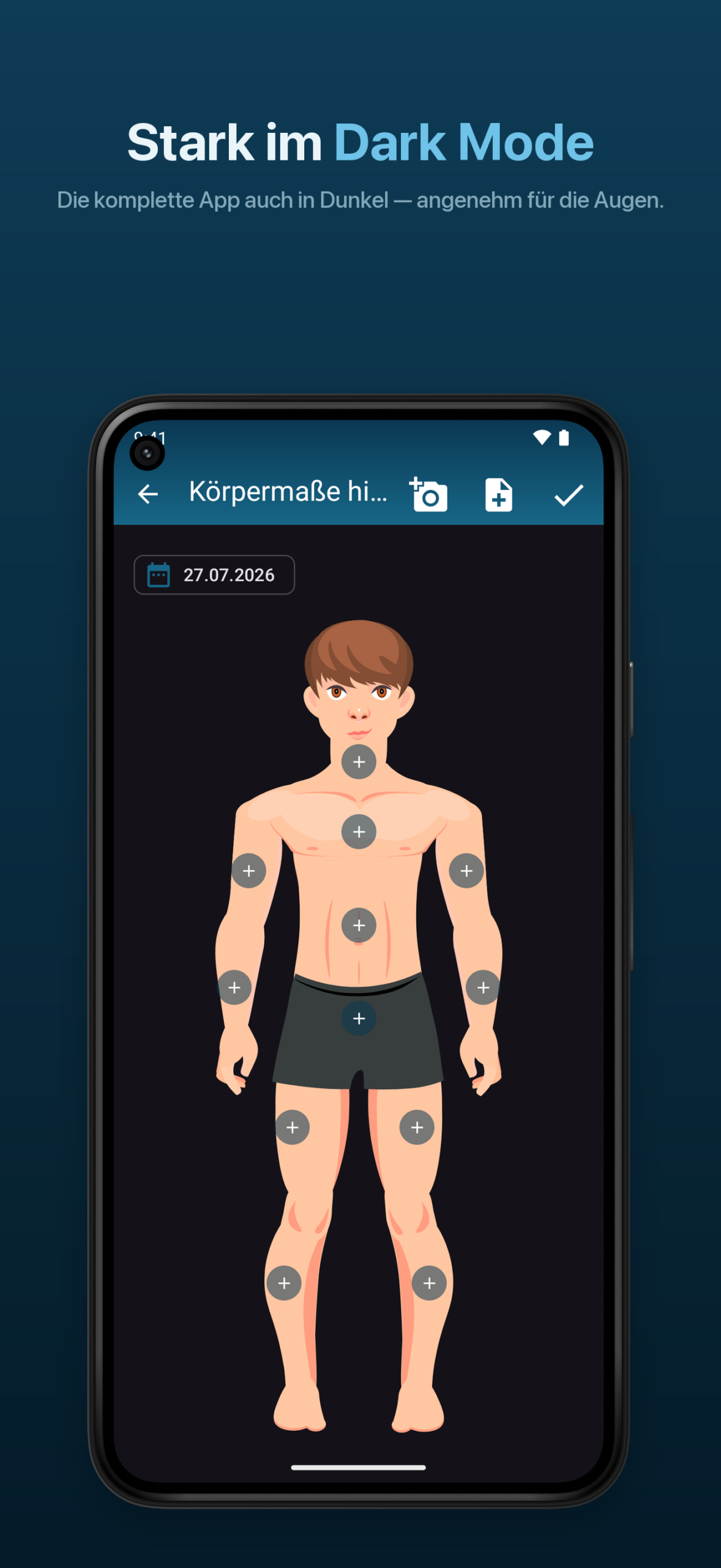 Android – Körperregion antippen und Maß eintragen im Dark Mode
