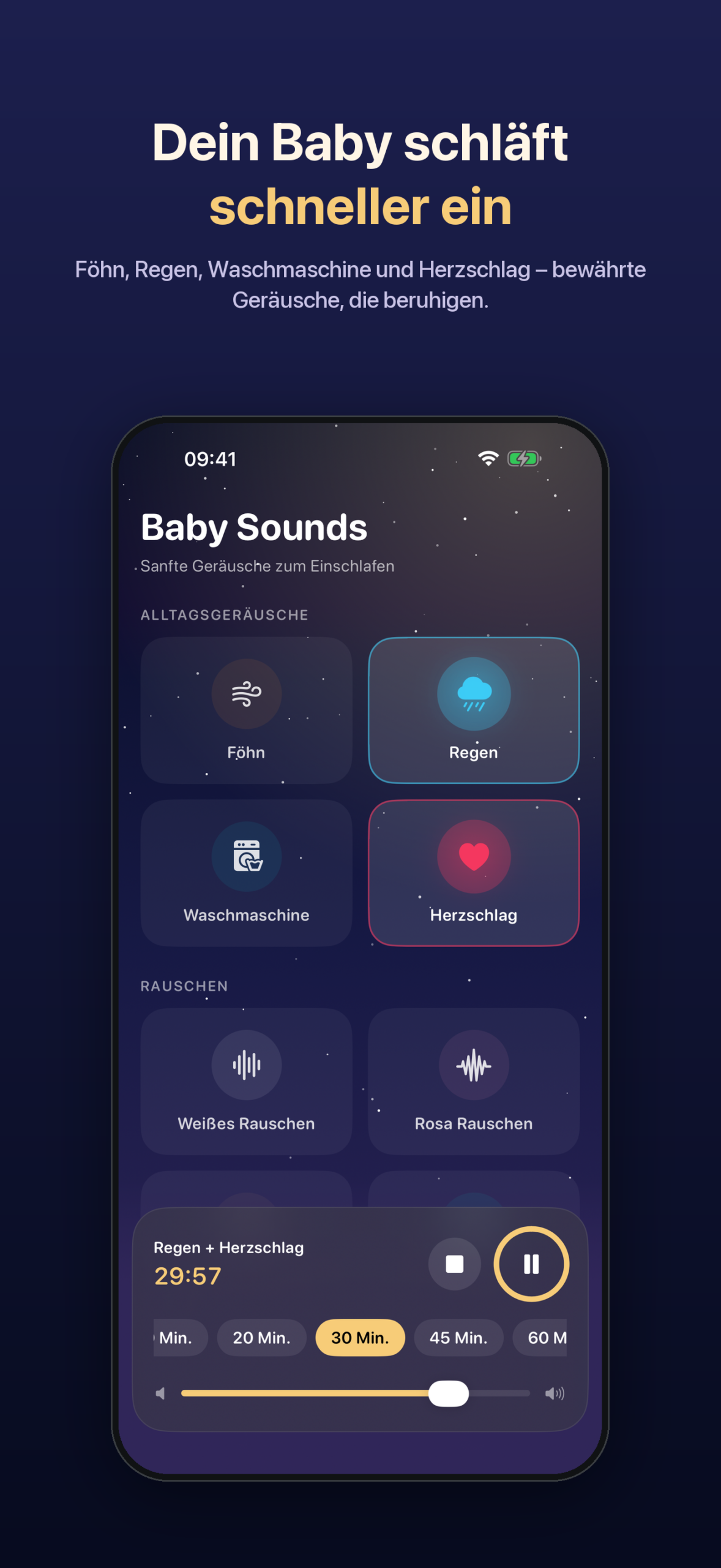 Baby Sounds: Regen und Herzschlag laufen, Timer 30 Minuten