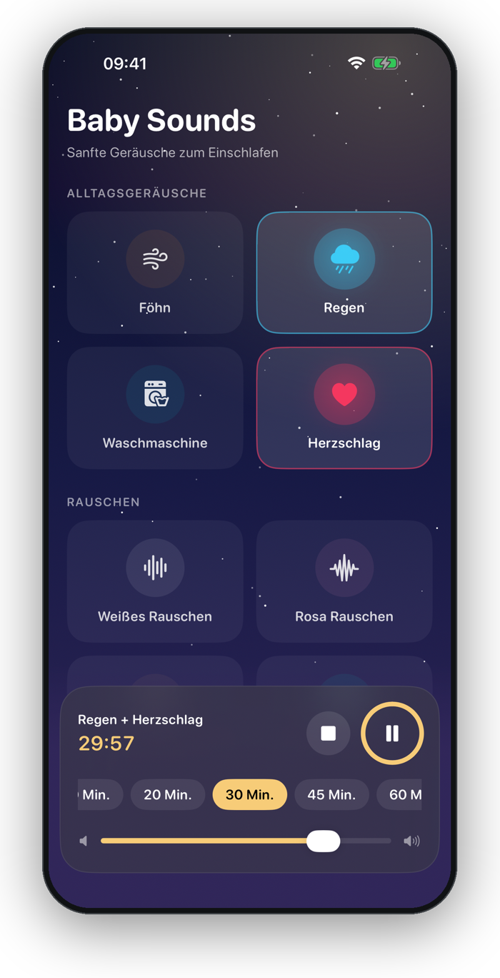 Baby Sounds: Regen und Herzschlag laufen, Timer 30 Minuten