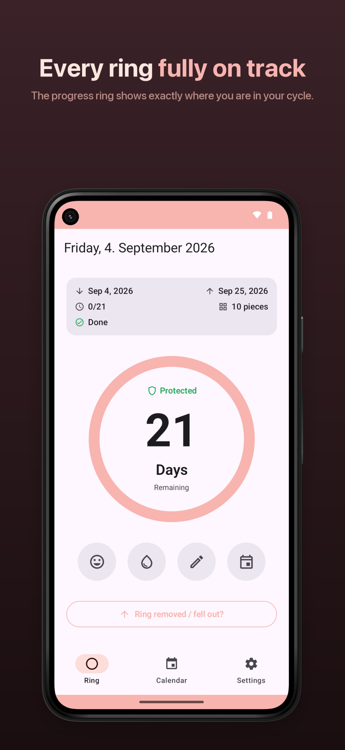 MyRing on an Android phone: home screen with progress ring and protection status.