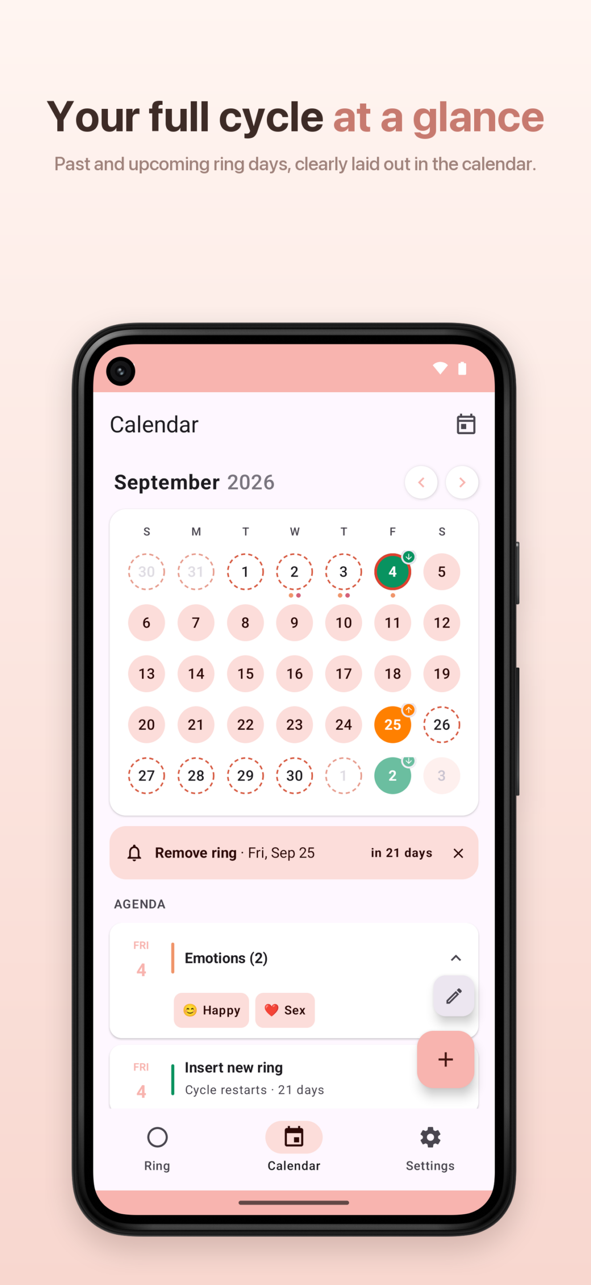 Android – Calendar showing cycles, diary entries and appointments on each day.