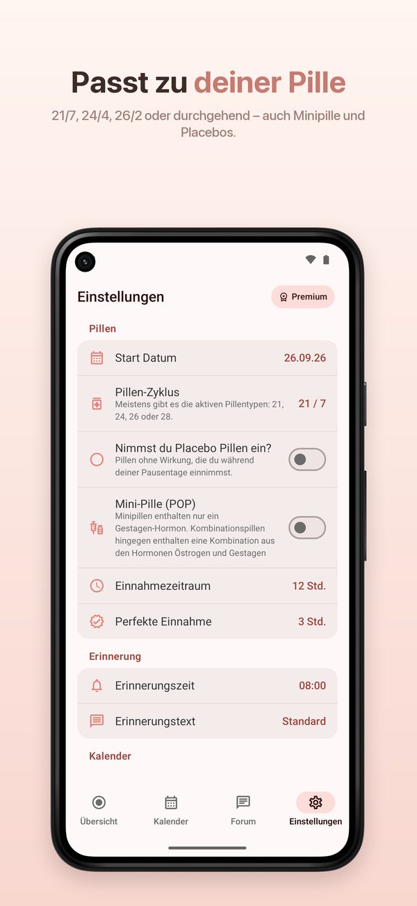 Android – Einstellungen zu Pille, Einnahmezeitraum und Erinnerung