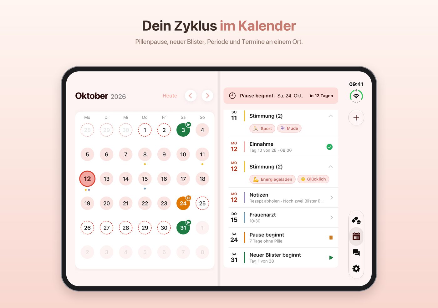 BC Pill auf dem aufgeklappten iPhone Duo mit Kalender