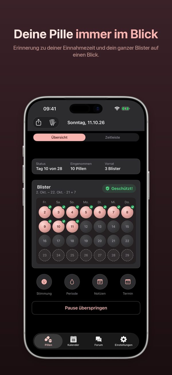 BC Pill auf dem iPhone: Übersicht im Dunkelmodus mit Blister und Schutzstatus