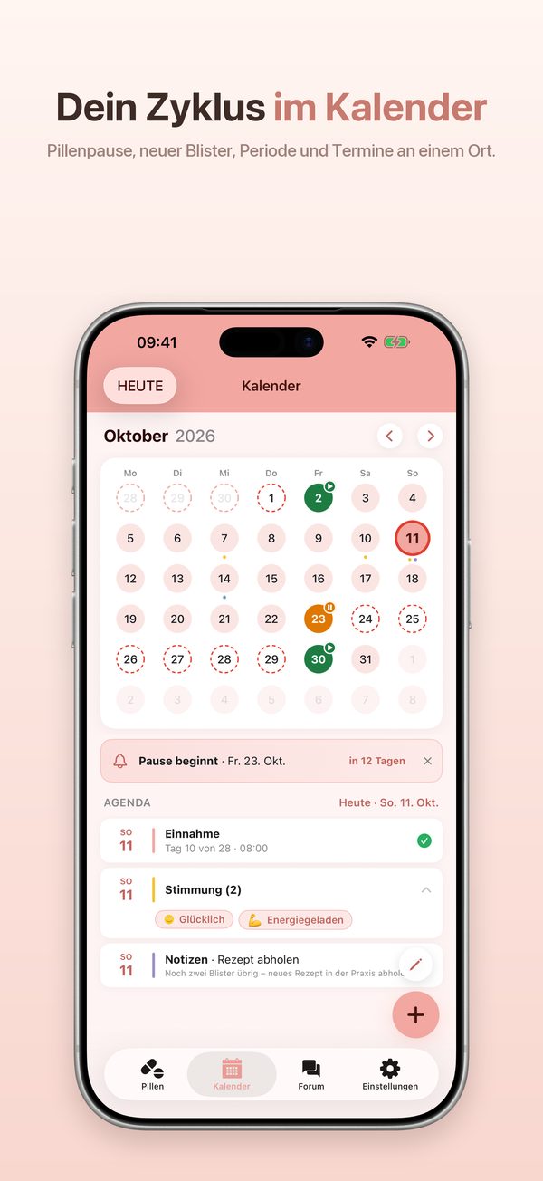 iPhone – Pillenkalender mit Pause, neuem Blister und Tagebucheinträgen