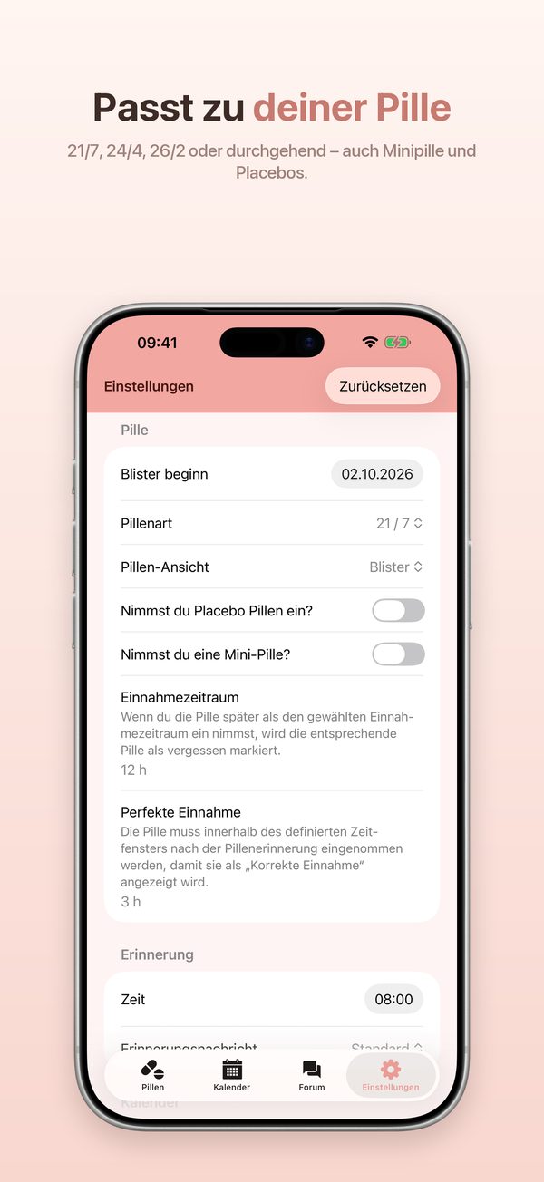 iPhone – Einstellungen zu Pillenart, Einnahmezeitraum und Erinnerung