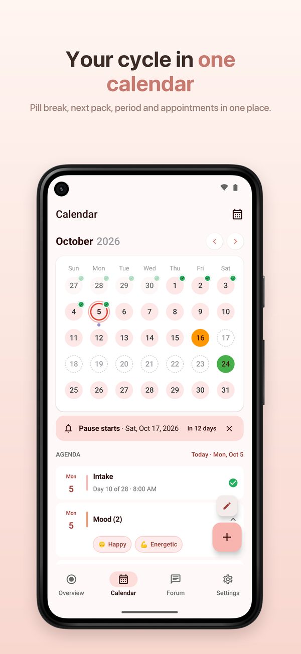 Android – pill calendar with break, pack and diary