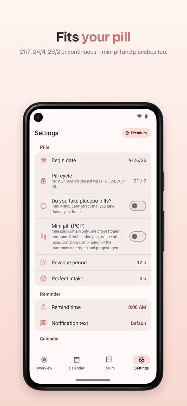 Android – settings for pill, intake window and reminder