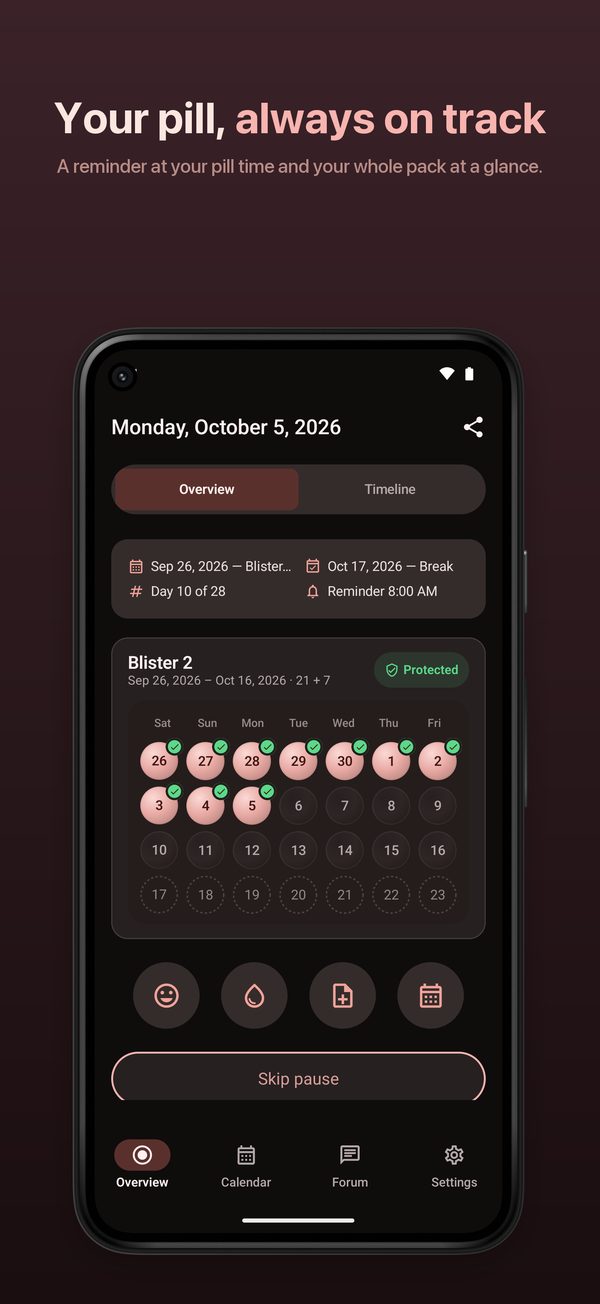 BC Pill on Android: overview in dark mode
