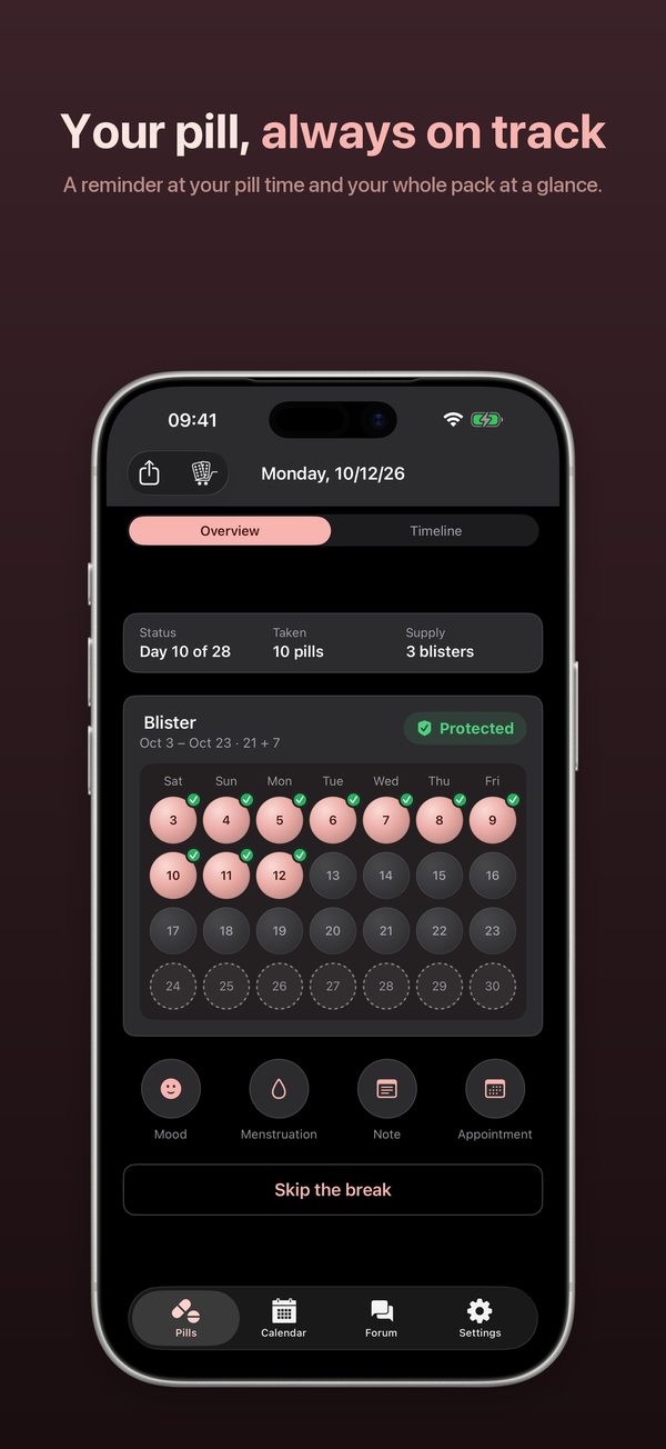 BC Pill on iPhone: overview in dark mode with pill pack and protection status