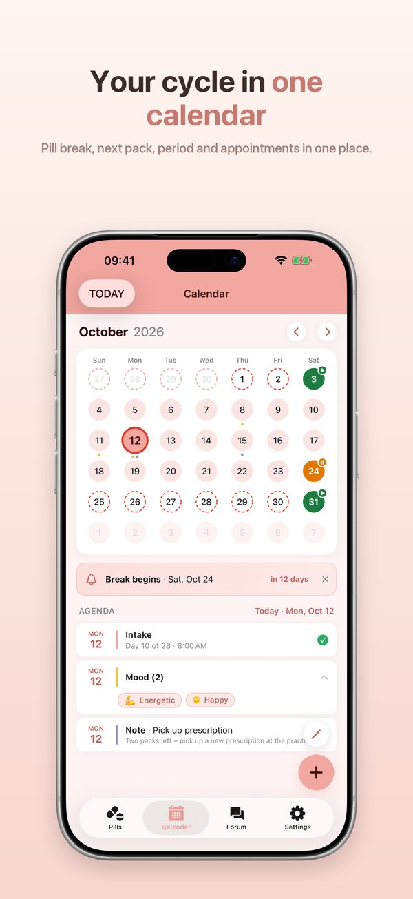 iPhone – pill calendar with break, next pack and diary entries