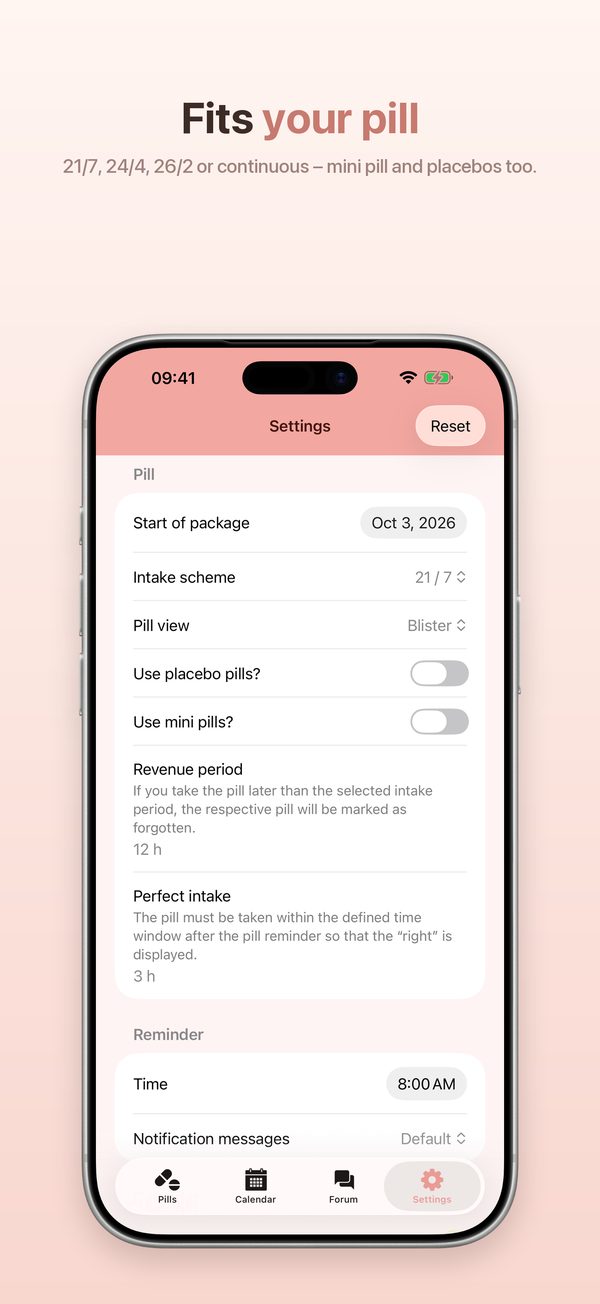 iPhone – settings for pill type, intake window and reminder
