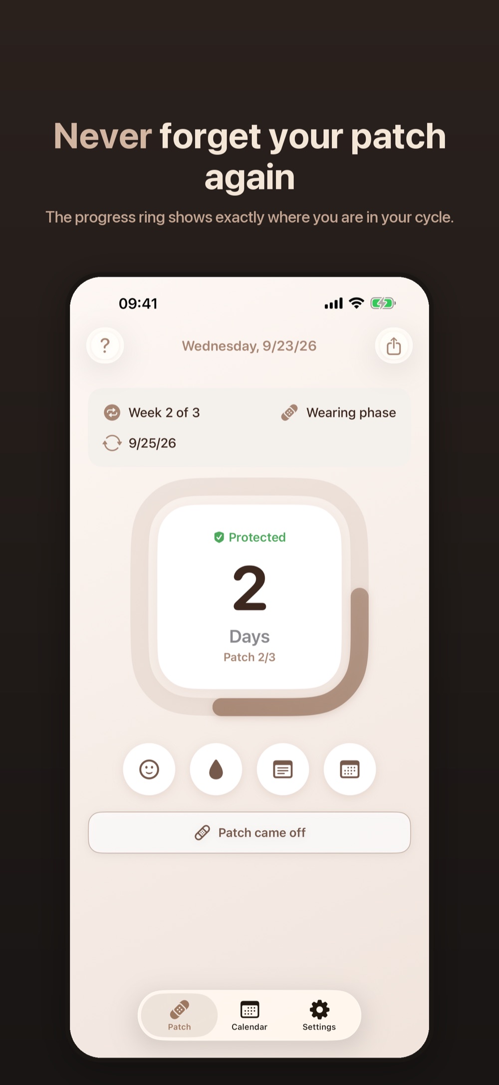 MyPatch on iPhone: overview with the progress ring, 2 days until the next change, patch 2 of 3 and the status Protected.