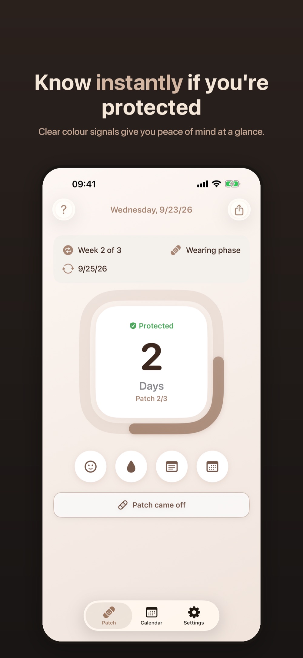 Overview in dark mode with the protection status inside the progress ring.