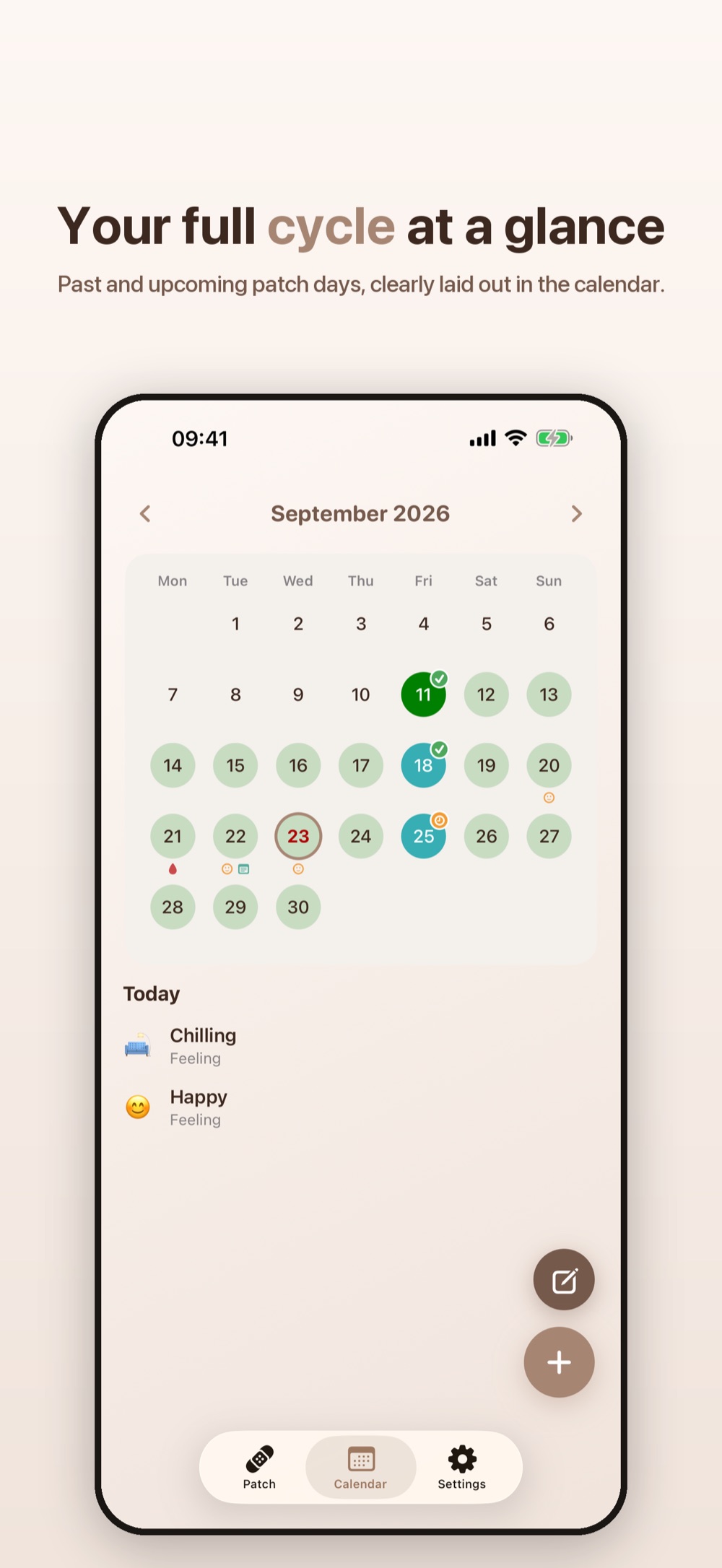 MyPatch calendar with past and upcoming patch days.