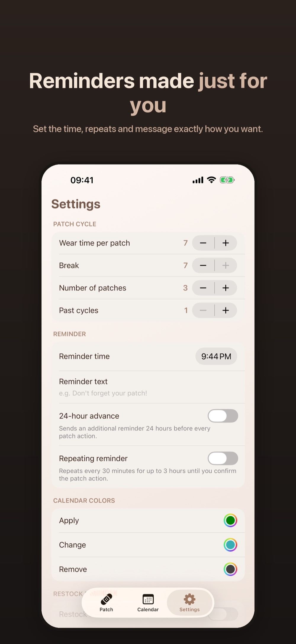 Reminder settings with time, repeats and a custom message.