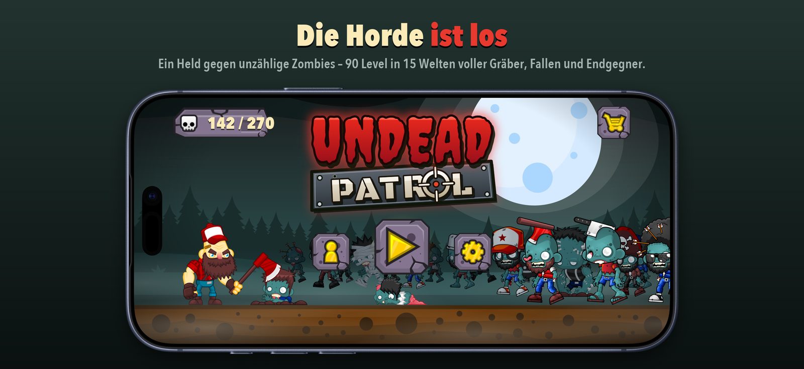 iPhone – Startseite: Der Holzhacker vor einer Horde Zombies unter dem Vollmond